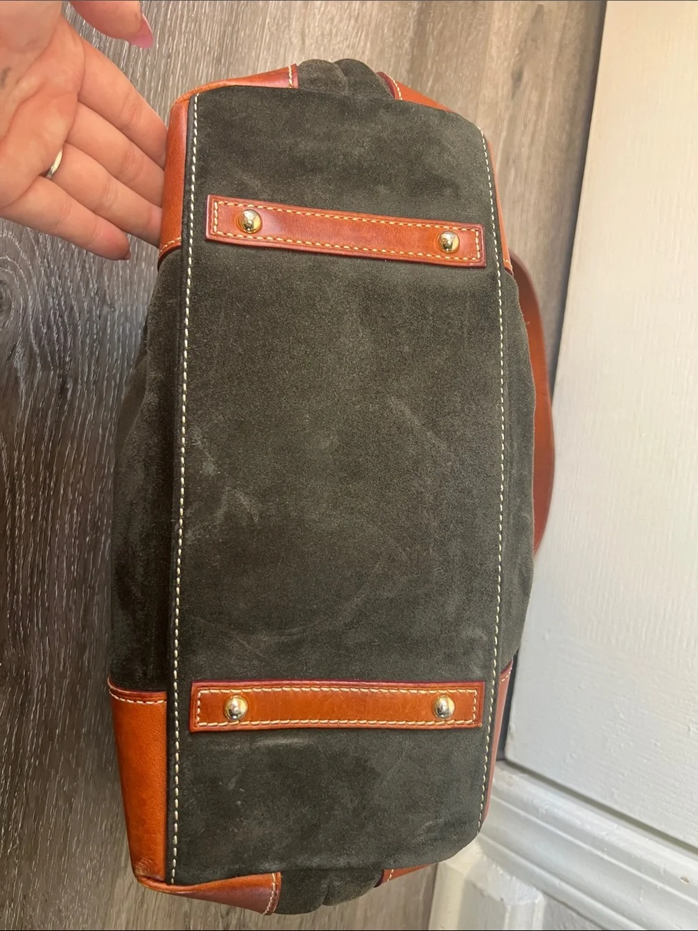 Vintage Dooney & Bourke Dark Olive Suede Hobo with Brown Leather Trim